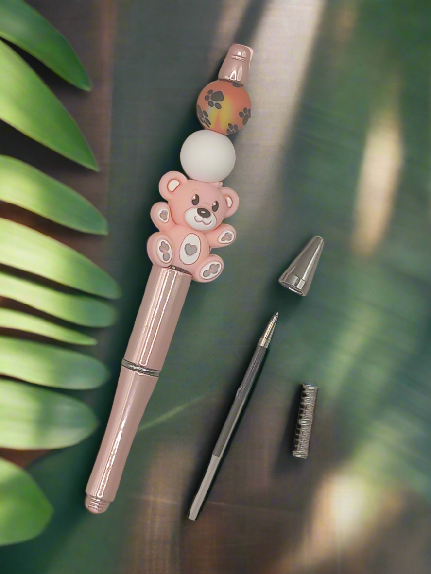1pc Beadable Bear Pen, Black Refillable Ink