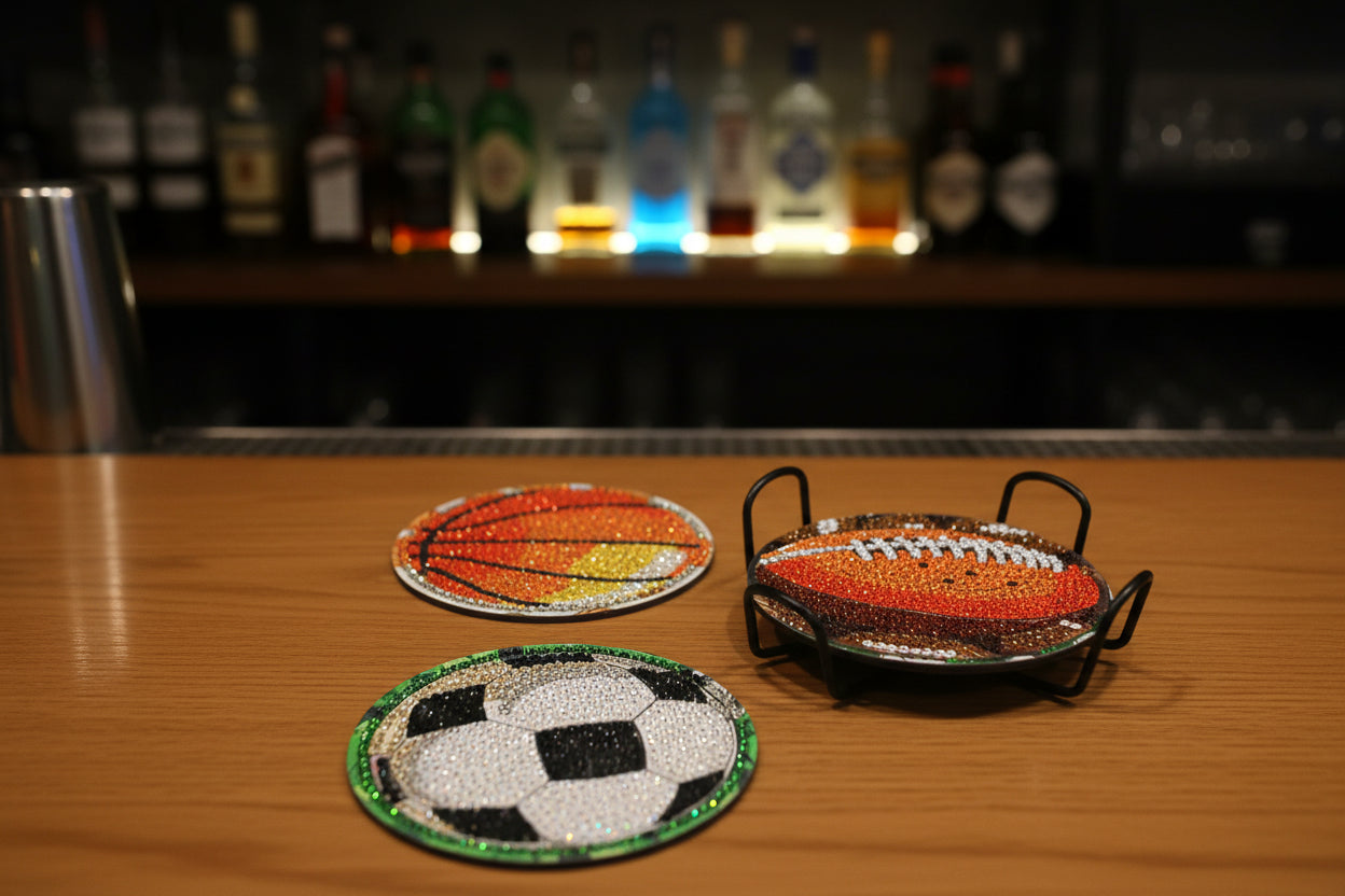 9pcs Pre-Made Diamond Art Sports Coasters & Stand Set