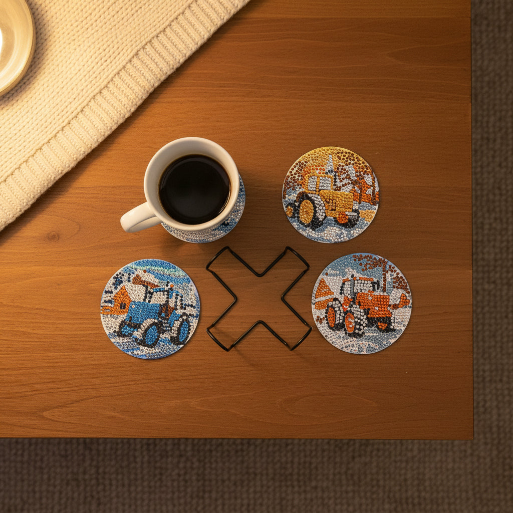 7pcs Pre-Made Diamond Art Tractor Coasters & Stand Set