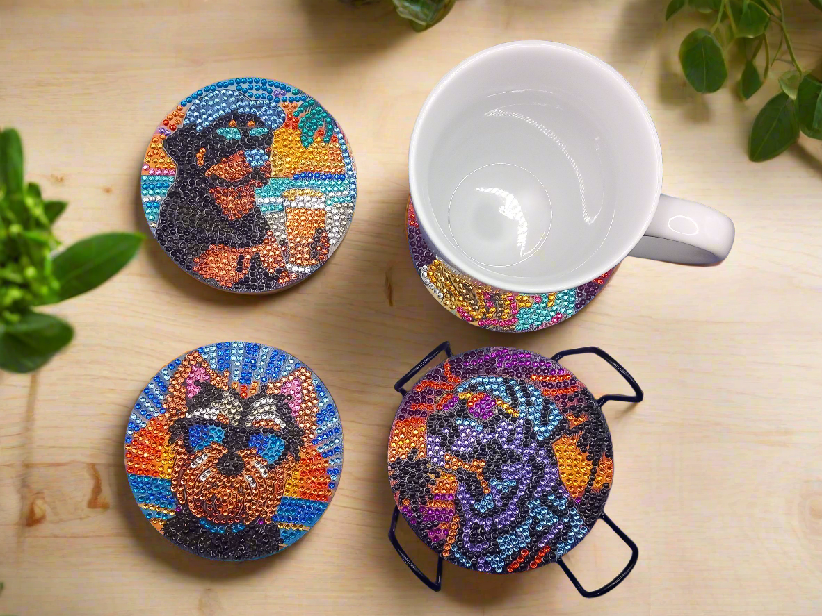 7pcs Pre-Made Diamond Art Sunglasses Dog Coaster & Stand Set