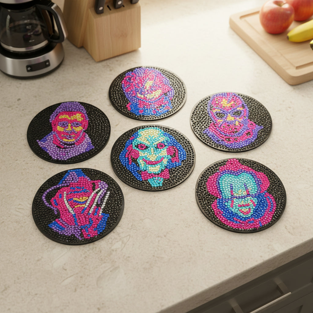 7pcs Pre-Made Diamond Art Horror Themed Coaster & Stand Set