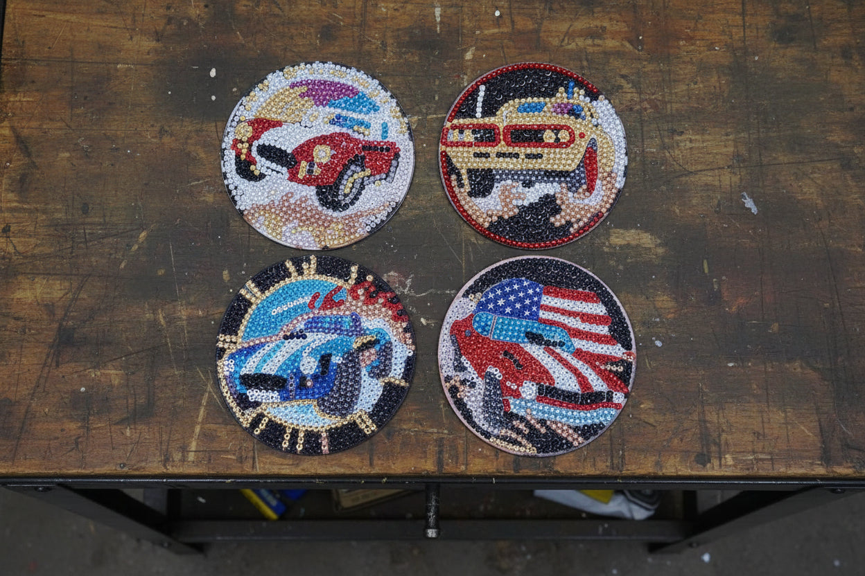 9pcs Pre-Made Diamond Art Classic Car Coaster & Stand Set