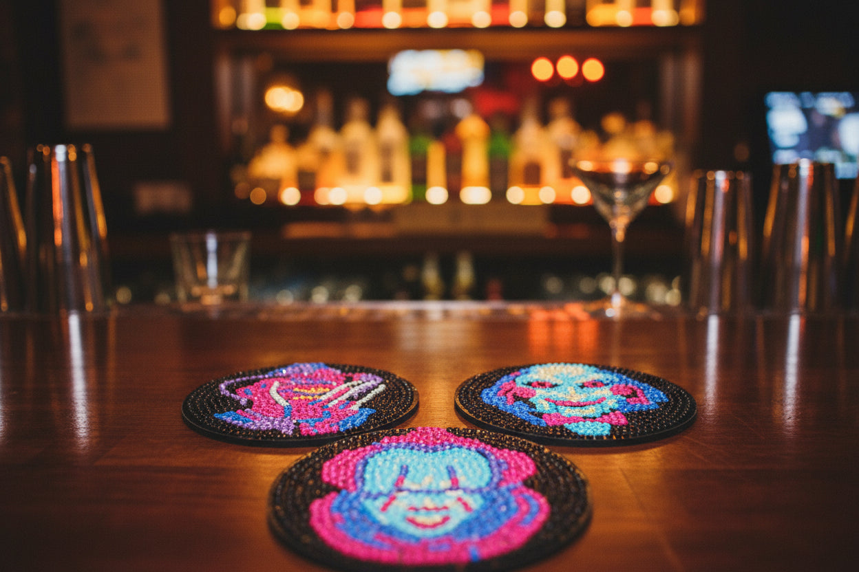 7pcs Pre-Made Diamond Art Horror Themed Coaster & Stand Set