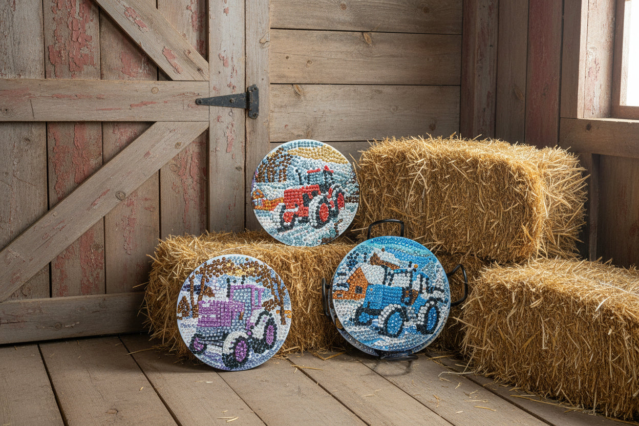 7pcs Pre-Made Diamond Art Tractor Coasters & Stand Set