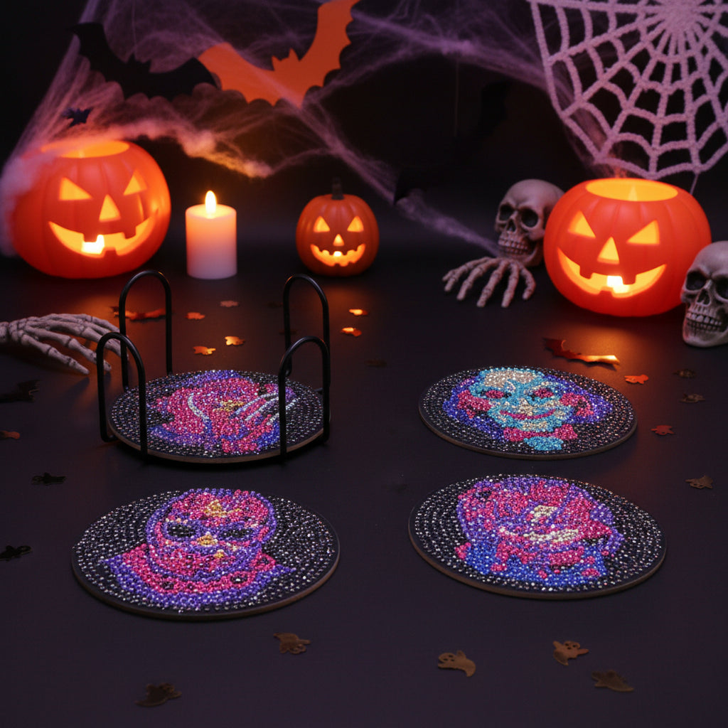 7pcs Pre-Made Diamond Art Horror Themed Coaster & Stand Set