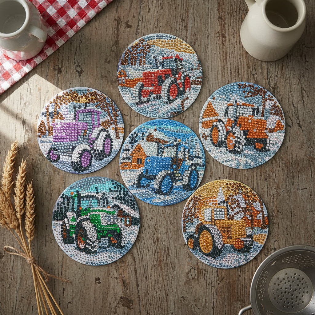7pcs Pre-Made Diamond Art Tractor Coasters & Stand Set