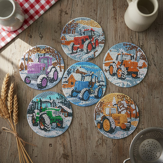 7pcs Pre-Made Diamond Art Tractor Coasters & Stand Set