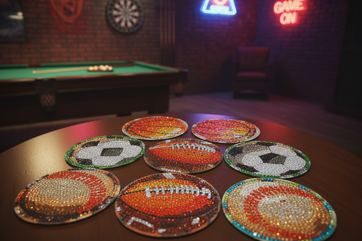 9pcs Pre-Made Diamond Art Sports Coasters & Stand Set