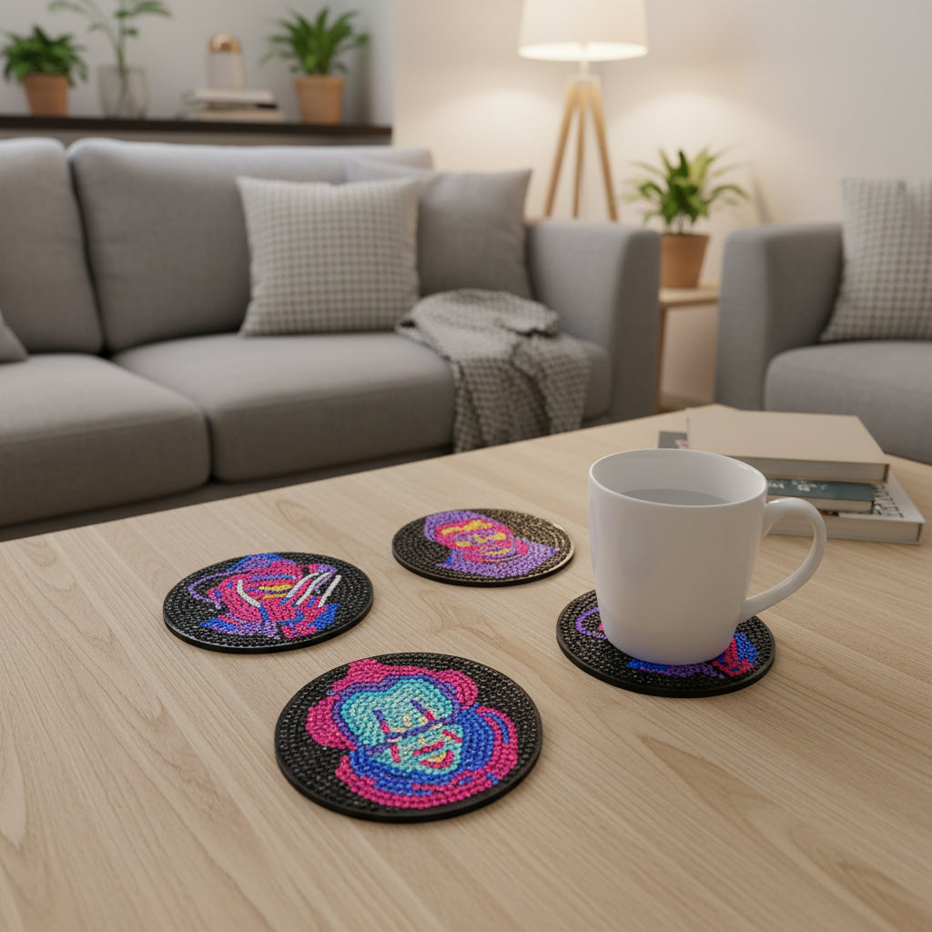 7pcs Pre-Made Diamond Art Horror Themed Coaster & Stand Set