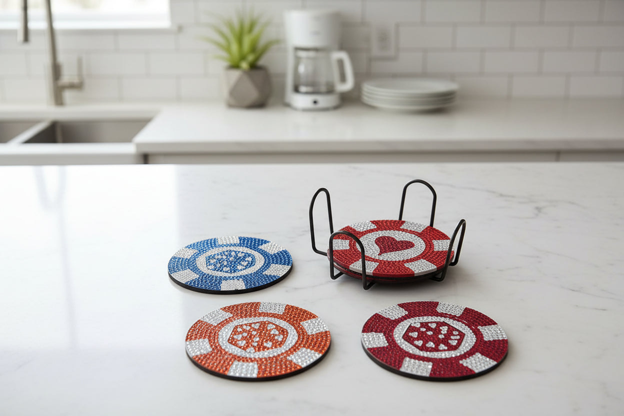 9pcs Pre-Made Diamond Art 'Poker Chips' Coaster & Stand Set
