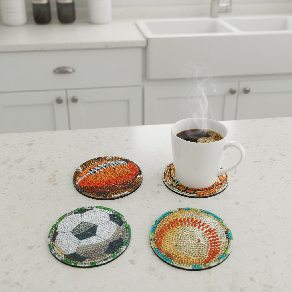9pcs Pre-Made Diamond Art Sports Coasters & Stand Set