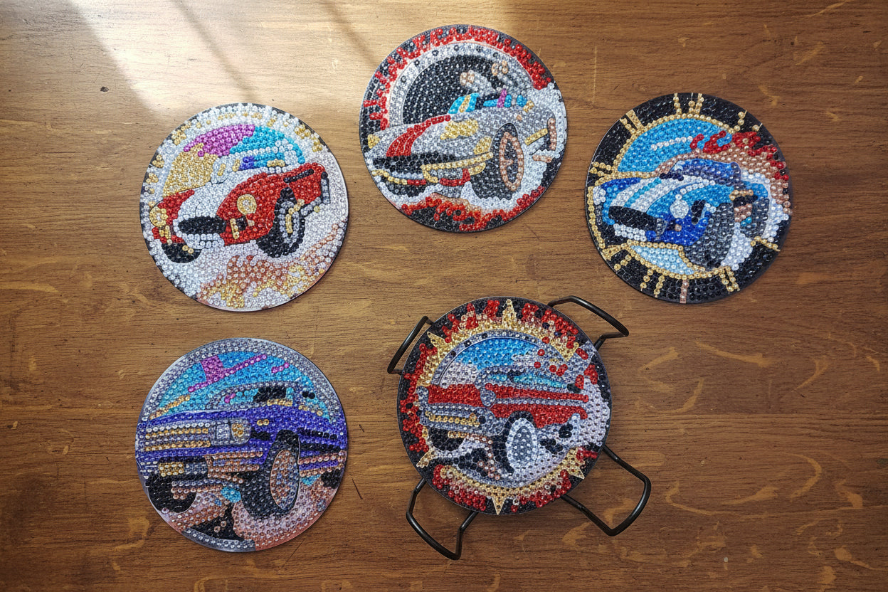 9pcs Pre-Made Diamond Art Classic Car Coaster & Stand Set