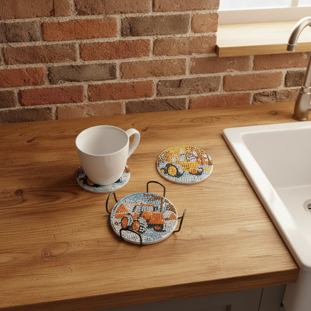 7pcs Pre-Made Diamond Art Tractor Coasters & Stand Set